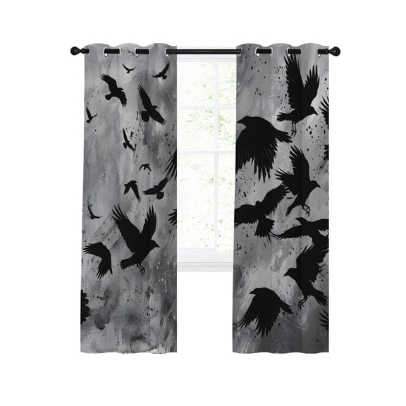 Black Crow Blackout Curtains for Bedroom Living Room, Abstract Grey Sky Feather Silhouette Oil Painting 96 In Long Thermal Insulated Room Darkening Drapes Grommet Window Treatments, 52 x 96 In