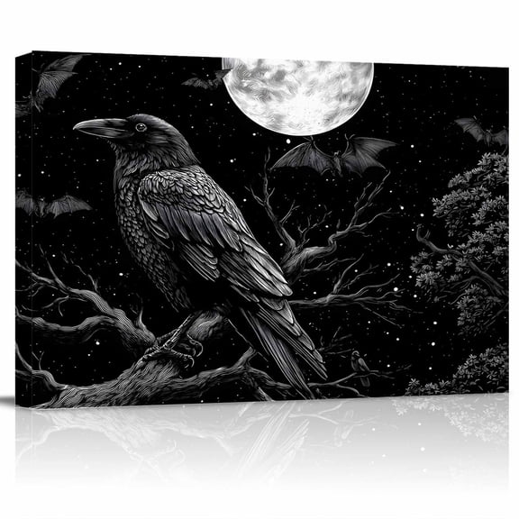 Black Crow Canvas Print Wall Art Bat Moon Horror Bird Tree Branch Halloween Pictures Painting Morden Artwork for Living Room Bedroom, Ready to Hang - 12"x16"