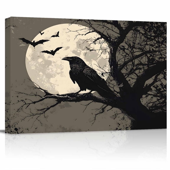 Black Crow Canvas Print Wall Art Bat Moon Horror Bird Tree Branch Halloween Vintage Pictures Painting Morden Artwork for Living Room Bedroom, Ready to Hang - 12"x16"