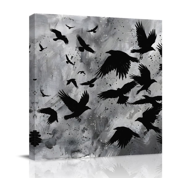 Black Crow Canvas Wall Art for Living Room, Abstract Grey Sky Feather Silhouette Oil Painting Poster Print Painting for Bedroom Office Home Decoration Wall Pictures Prepare To Hang 8"x8"