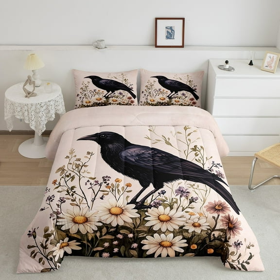 Black Crow Down Comforter Full Bohemia Decor Flowers Comforter Set,Botanical Bedding Set Teens Birds Animlas Quilt Set