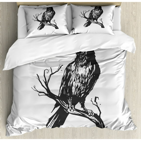 Black Crow Duvet Cover Set King Size, Monochromatic Design of Bird on Bare Branch Haunted Gothic Artsy, Decorative 3 Piece Bedding Set with 2 Pillow Shams, Charcoal Grey Pale Grey, by Ambesonne