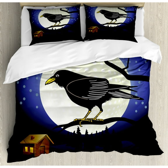 Black Crow Duvet Cover Set Queen Size, Night Time Illustration of Bird on Branch Full Moon and Small Cottage House, Decorative 3 Piece Bedding Set with 2 Pillow Shams, Multicolor, by Ambesonne