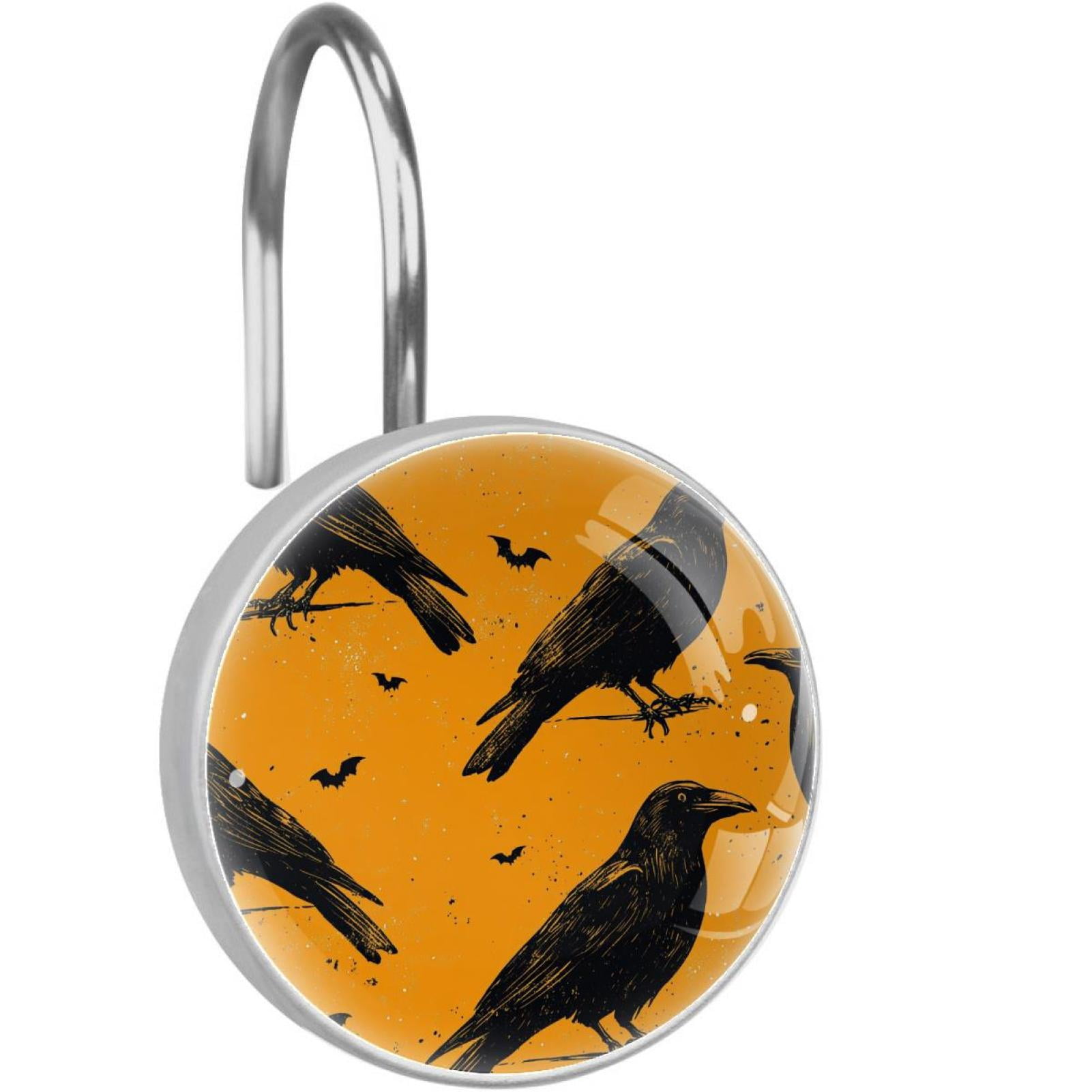 Black Crow Flying Bats Shower Curtain Hooks Round Crystal Glass, Set of 12 Shower Curtain Rings - Shower Hooks for Curtain Shower Rings