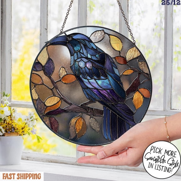 Black Crow Glass Suncatcher, Gothic Bird Dead Leaves Art, for Grandma Mom, 3.5 in