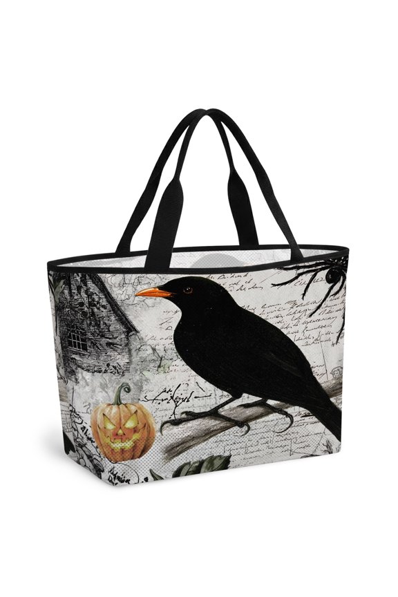 Black Crow Halloween Beach Bag for Women, Large Breathable Mesh Beach Tote Bag, Pumpkins Orange Vintage Spiders Sandproof Lightweight Travel Bags for Vacation Picnic Swimming Pool 15.7"x15.7"x9.1"