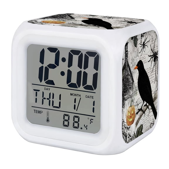 Black Crow Halloween Digital Alarm Clock for Bedrooms, Smart LED Alarm Clock with 7 Color Changing Night Light, Pumpkins Orange Vintage Spiders Silent Wake Up Clocks for Sleep Study Cooking 3.2"x3.2"
