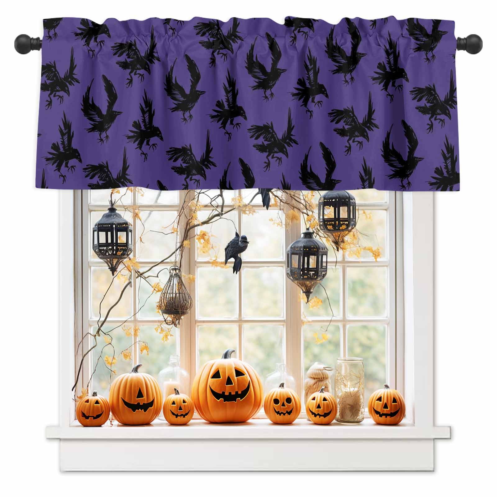 Black Crow Halloween Valances for Windows, Rod Pocket Kitchen Valance