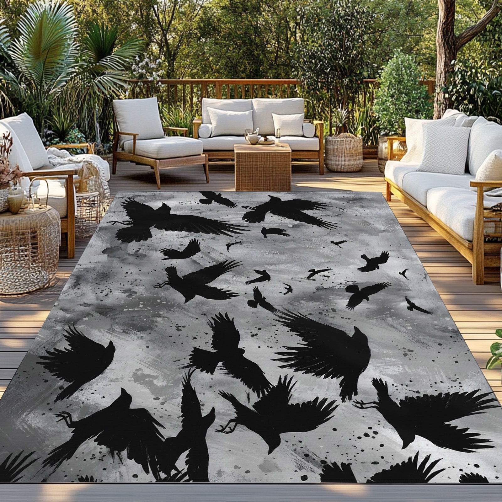 Black Crow Indoor Outdoor Rugs 5x8 Ft, Abstract Grey Sky Feather ...