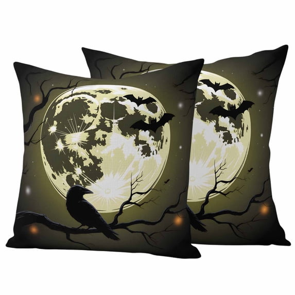 Black Crow Moon Halloween Outdoor Waterproof Pillow Covers, Silhouettes Branches Animals Decorative Square Throw Pillowcase Sofa Cushion Sham for Patio/Couch/Chair, 26"x26" 2 Pack