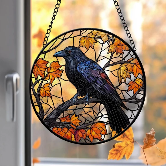 Black Crow Portrait Acrylic Suncatcher Crow Dead Leaves Window Hanging Gothic Bird Art Halloween Decor