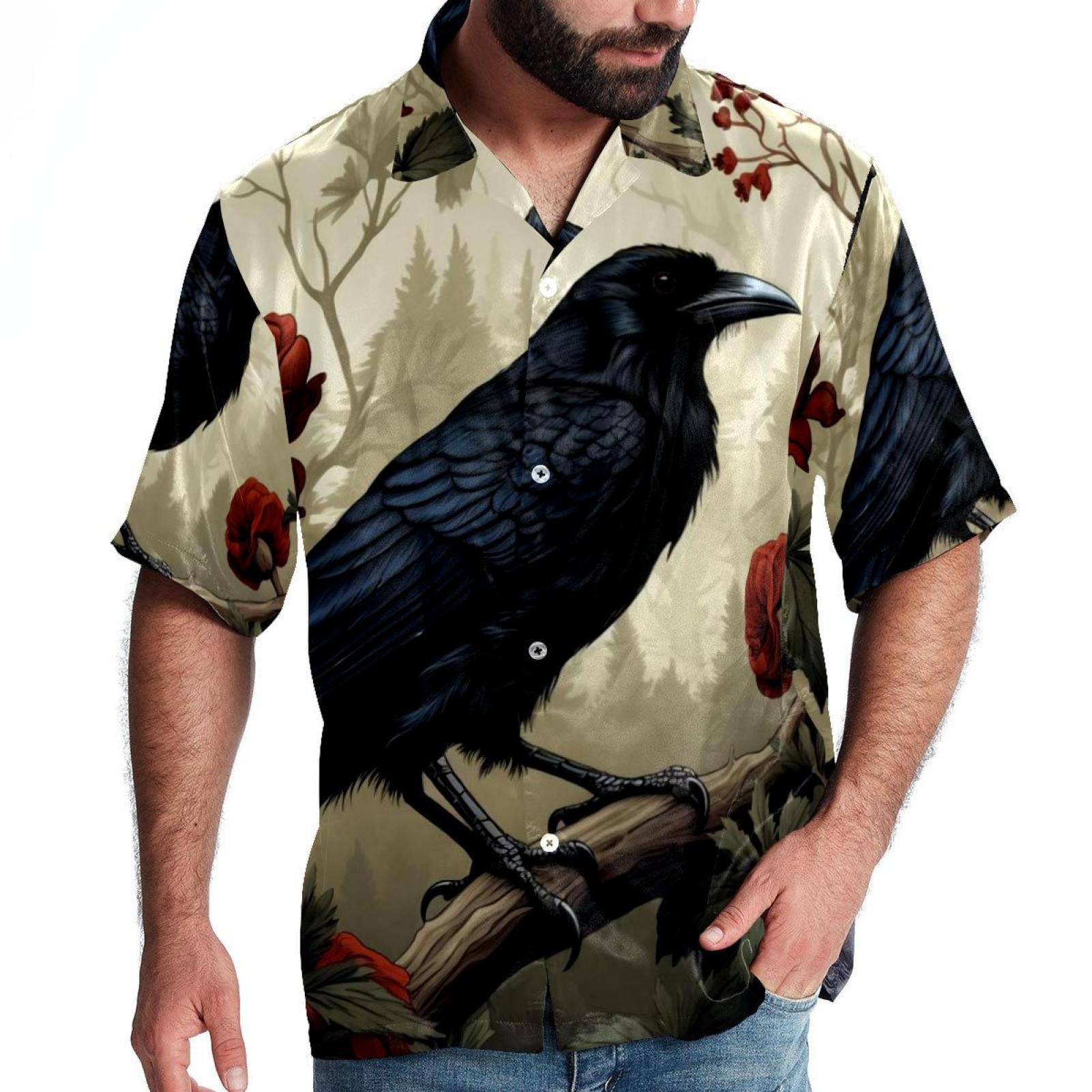 Black Crow Prints Men Casual Button Down Shirts, Short Sleeve Shirt for ...