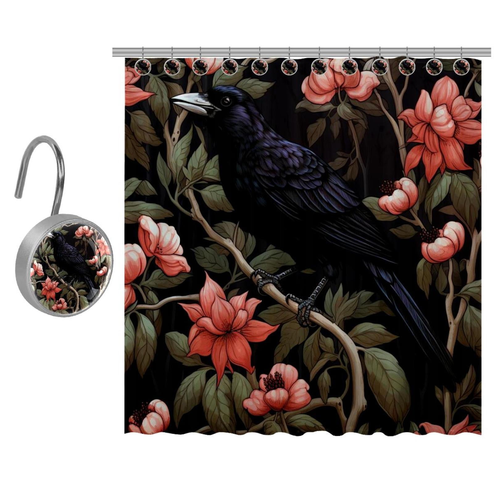 Black Crow Prints Shower Curtain, Polyester Shower Curtain Set with 9