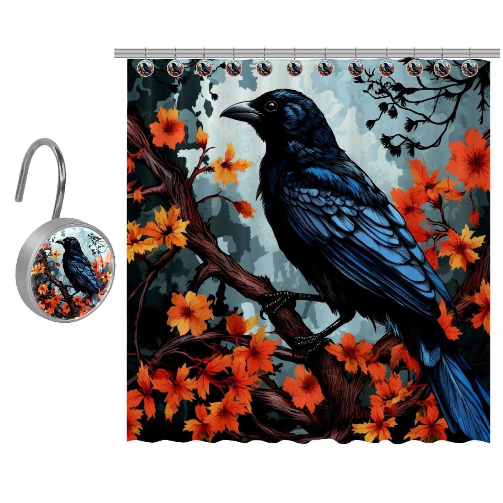 Black Crow Prints Shower Curtain, Polyester Shower Curtain Set with 9
