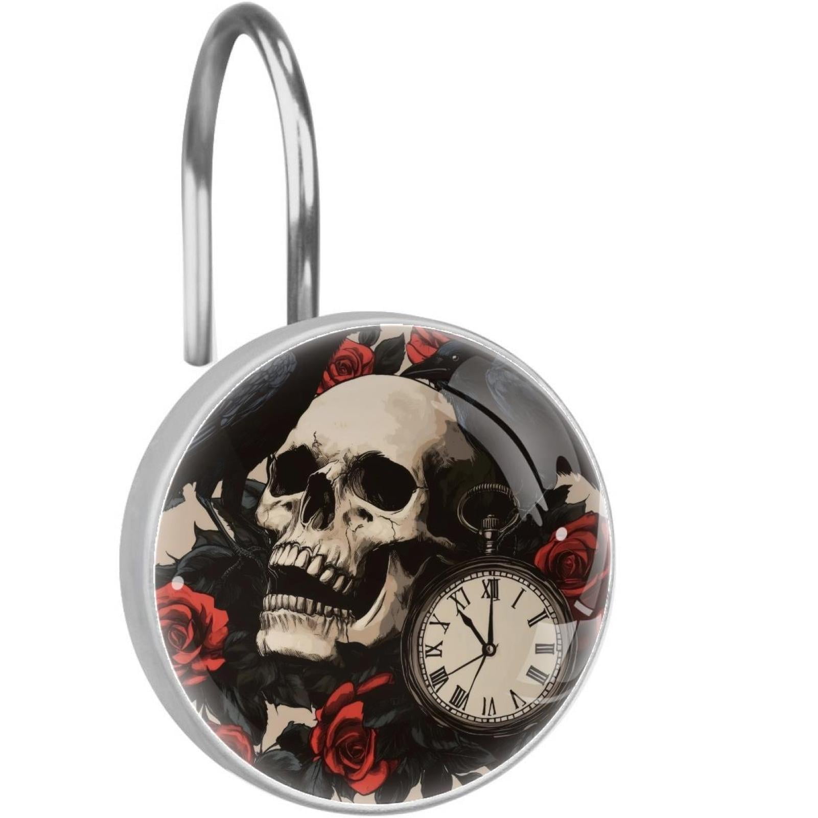Black Crow Red Roses Dead Skull Shower Curtain Hooks Round Crystal Glass, Set of 12 Shower Curtain Rings - Shower Hooks for Curtain Shower Rings