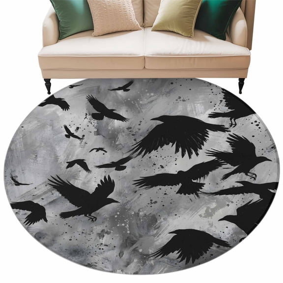 Black Crow Round Living Room Rugs 7 ft, Abstract Grey Sky Feather Silhouette Oil Painting Washable Area Rug with Non-Slip Sturdy Edge Binding Round Carpet for Kitchen Office Bedroom
