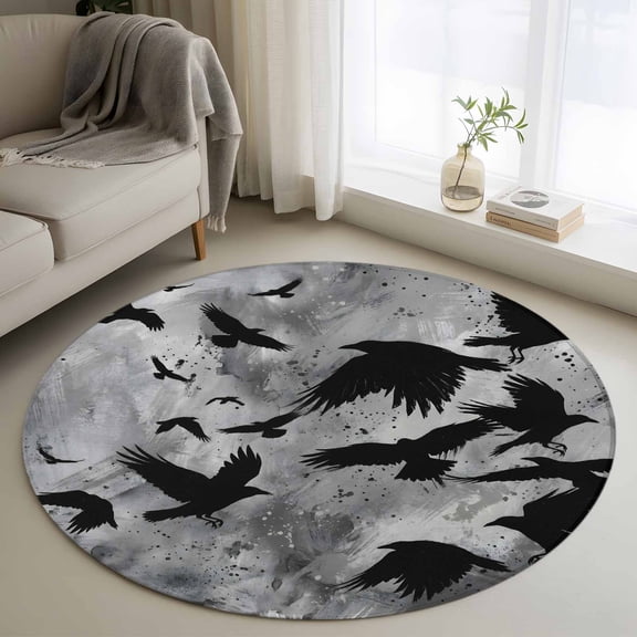 Black Crow Round Rug 4Ft Abstract Grey Sky Feather Silhouette Oil Painting Circle Area Rugs Washable Non Slip Indoor Floor Mats Carpet for Living Room Bedroom Dining Room Home Decor