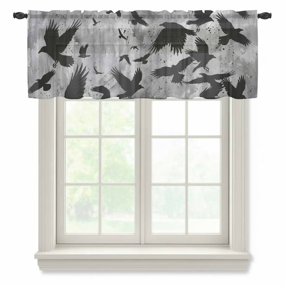 Black Crow Sheer Valances for Windows, Abstract Grey Sky Feather Silhouette Oil Painting Semi Sheer Kitchen Valance Rod Pocket Small Voile Window Curtains for Living Room Bedroom 42 x 12 Inch