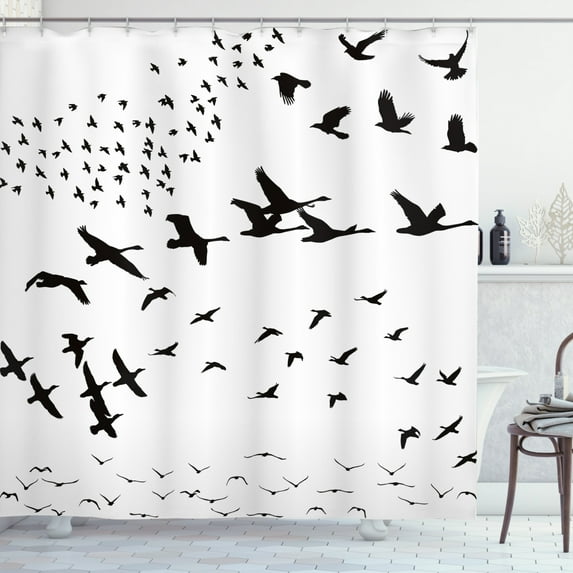 Black Crow Shower Curtain, Flying Flock of Birds Monochromatic Silhouette Freedom Themed Graphic Art, Fabric Bathroom Set with Hooks, 69W X 75L Inches Long, Black and White, by Ambesonne