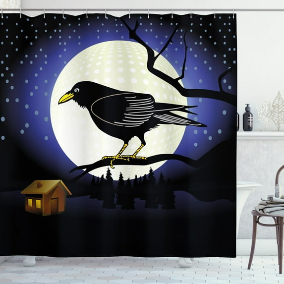 Black Crow Shower Curtain, Night Time Illustration of Bird on Branch Full Moon and Small Cottage House, Fabric Bathroom Set with Hooks, 69W X 84L Inches Extra Long, Multicolor, by Ambesonne