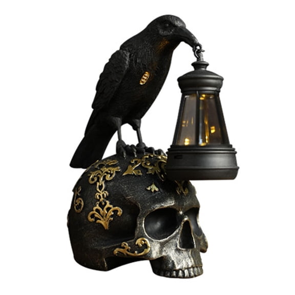 Black Crow Skull Halloween Resin Figurine Solar Powered Spooky Decor For Desktop And Garden
