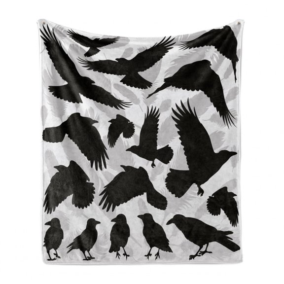 Black Crow Soft Flannel Fleece Throw Blanket, Design Illustration with Bird and Feather Silhouettes, Cozy Plush for Indoor and Outdoor Use, 50" x 60", Black Pale Grey, by Ambesonne