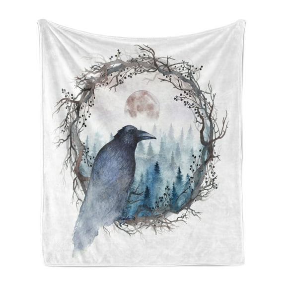 Black Crow Soft Flannel Fleece Throw Blanket, Fine Art Paint Bird with Foggy Winter Forest in Fog Round Branch Wreath Frame, Cozy Plush for Indoor and Outdoor Use, 50" x 60", Multicolor, by Ambesonne