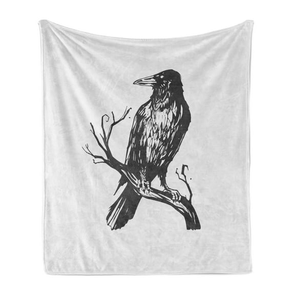 Black Crow Soft Flannel Fleece Throw Blanket, Monochromatic Design of Bird on Bare Branch Haunted Gothic, Cozy Plush for Indoor and Outdoor Use, 50" x 60", Charcoal Grey Pale Grey, by Ambesonne