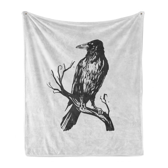 Black Crow Soft Flannel Fleece Throw Blanket, Monochromatic Design of Bird on Bare Branch Haunted Gothic, Cozy Plush for Indoor and Outdoor Use, 60" x 80", Charcoal Grey Pale Grey, by Ambesonne