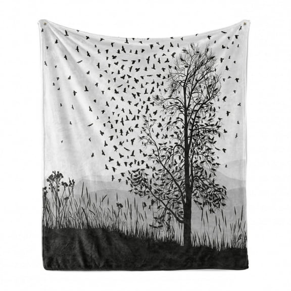 Black Crow Soft Flannel Fleece Throw Blanket, Silhouette of Murder of Crows Flying from Tall Autumn Tree, Cozy Plush for Indoor and Outdoor Use, 70" x 90", Charcoal Grey Warm Taupe, by Ambesonne