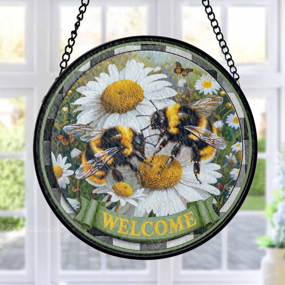 Bumblebee Stained Glass Suncatcher Metal Outdoor Decor Garden Farmhouse Nature Yellow White Green Plaid