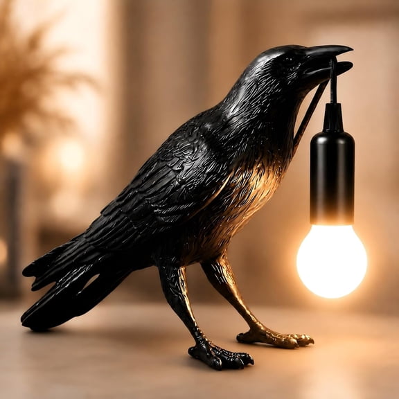 Black Crow Table Lamp with LED Bulb, Unique Dark Aesthetic Night Light for Bedroom Desk, Halloween Home Decoration Gift