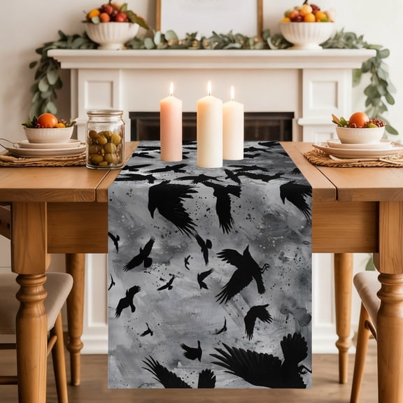 Black Crow Table Runner, Abstract Grey Sky Feather Silhouette Oil Painting Washable Cotton-linen Table Runners Dining Kitchen Decoration for Everyday Home Wedding Party Decor, 18 x72 Inch