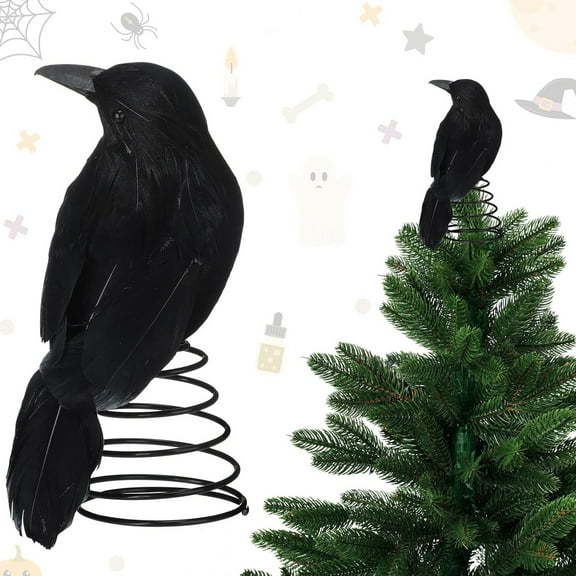 Black Crow Tree Topper Decor Funny Christmas Tree Toppers Artificial Birds Figurine Ornaments with Spring Base Holiday Party Decor for Home Indoor