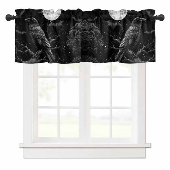 Black Crow Valances for Windows Bat Moon Horror Bird Tree Branch Halloween Rod Pocket Curtain Valance Window Treatment Short Curtains for Kitchen Living Room, 42"x12"