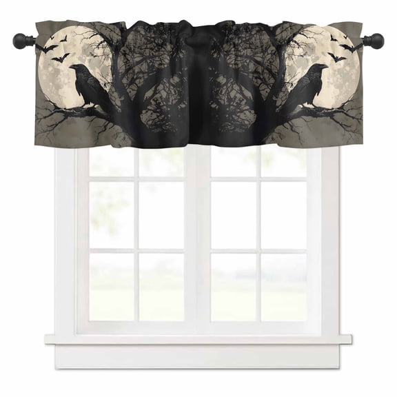 Black Crow Valances for Windows Bat Moon Horror Bird Tree Branch Halloween Vintage Rod Pocket Curtain Valance Window Treatment Short Curtains for Kitchen Living Room, 60"x18"
