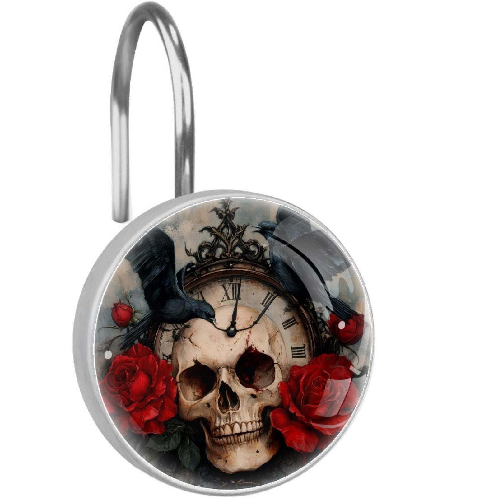 Black Crow Vintage Clock Skull Roses Shower Curtain Hooks Round Crystal Glass, Set of 12 Shower Curtain Rings - Shower Hooks for Curtain Shower Rings