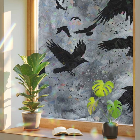 Black Crow Window Privacy Film, Abstract Grey Sky Feather Silhouette Oil Painting Stained Glass Rainbow Film Decorative Window Clings, Static Cling Sun Blocking Stickers 29.5" x 118"