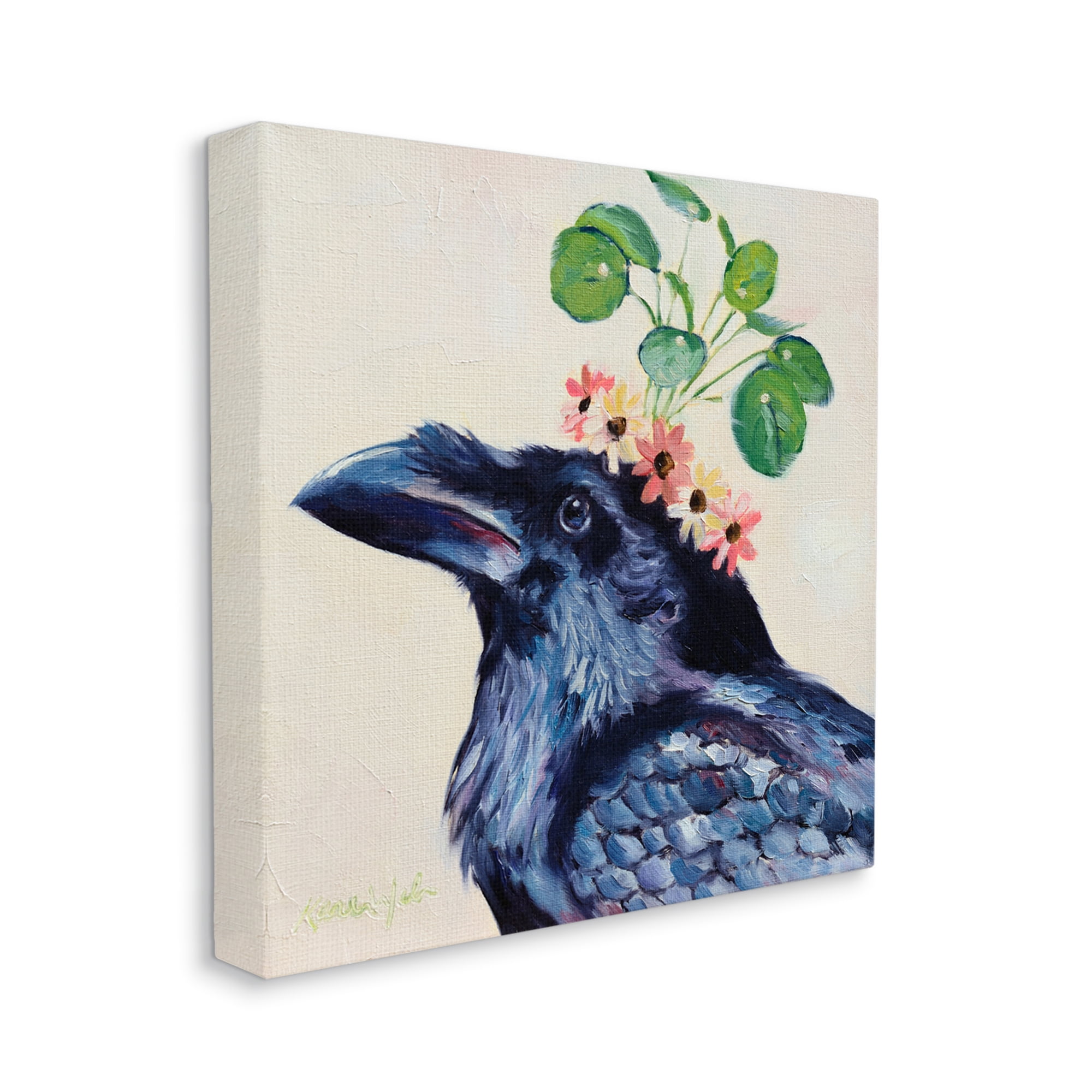 Black Crow with Bohemian Floral Crown Animals & Insects Gallery-Wrapped Canvas Print Wall Art, 17x17