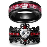 RINGHEART Black Crown Matching Rings Couple Ring Red 1CT CZ Women Wedding Ring Set Male Titnaium Ring