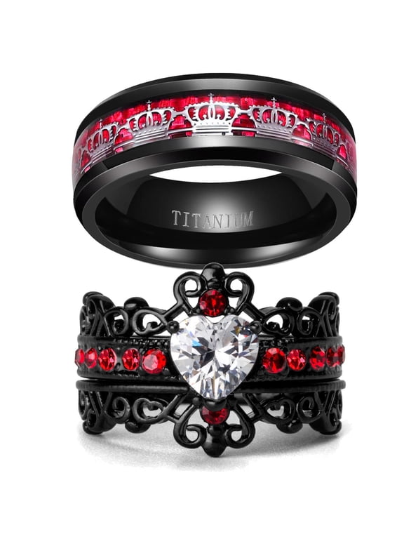 Black Crown Matching Rings Couple Ring Red 1CT CZ Women Wedding Ring Set Male Titnaium Ring