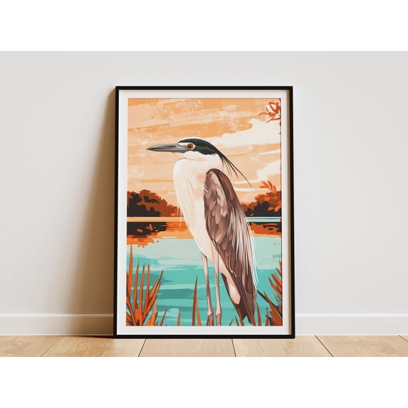 Black Crowned Night Heron Art Print Lagoon Edge Poster Nature Illustration Bird Wall Art Coastal Decor Wetland Wildlife Print