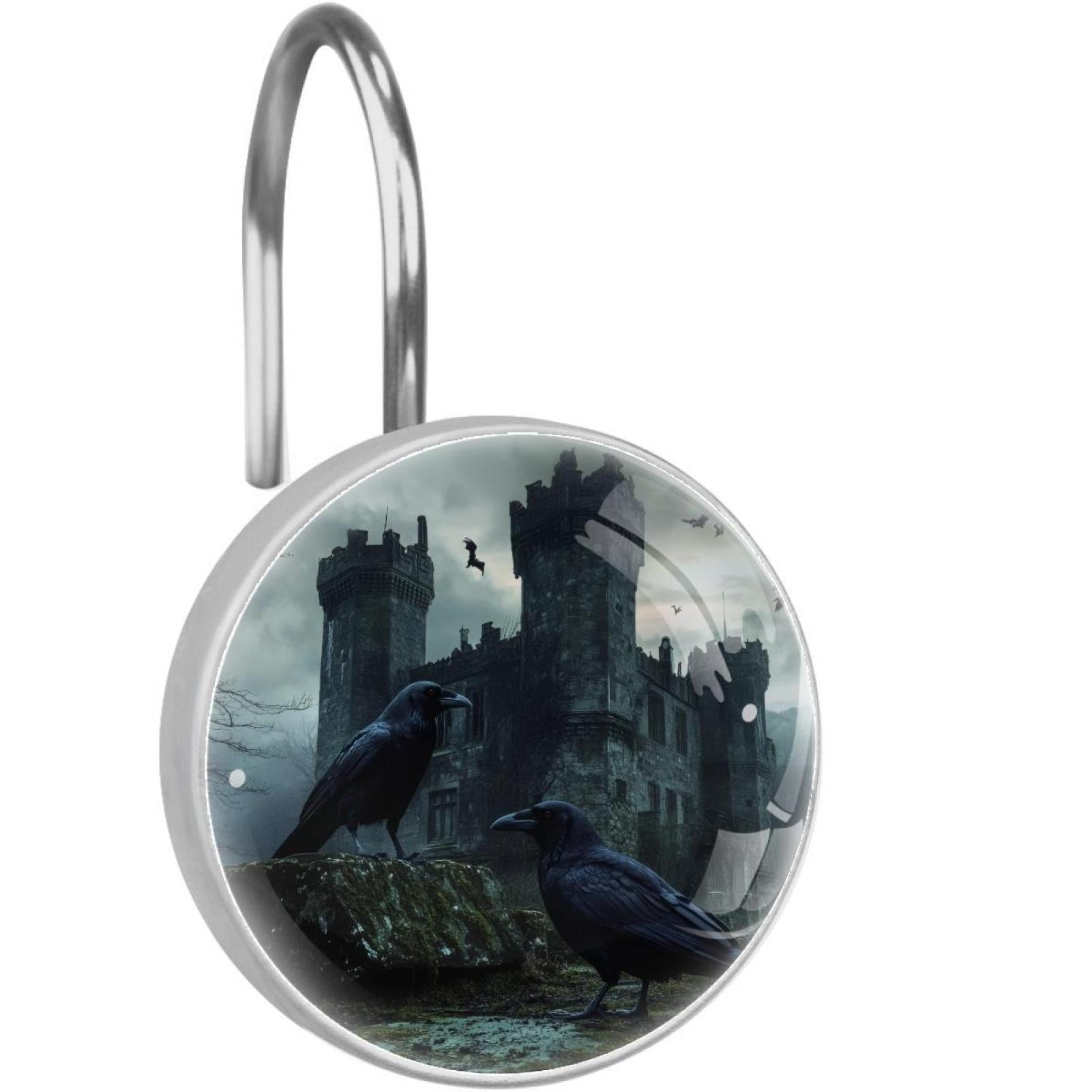 Black Crows Before Castle Shower Curtain Hooks Round Crystal Glass, Set of 12 Shower Curtain Rings - Shower Hooks for Curtain Shower Rings