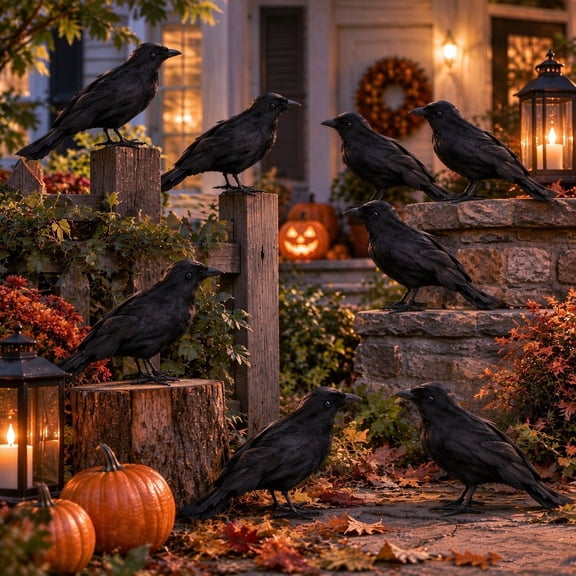 Black Crows for Halloween, 8 Pack Realistic Crow Decorations, Halloween Crow Decor for Yard Tree Garden Patio Indoor Seasonal Decoration
