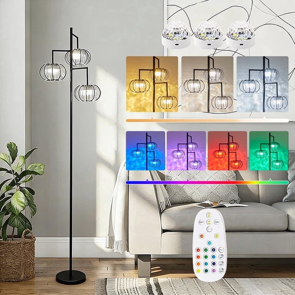 Keyinest Crystal Floor Lamp, 3-Light Modern Standing Lamp with Rechargeable Rgb Bulbs and Remote Control, Black