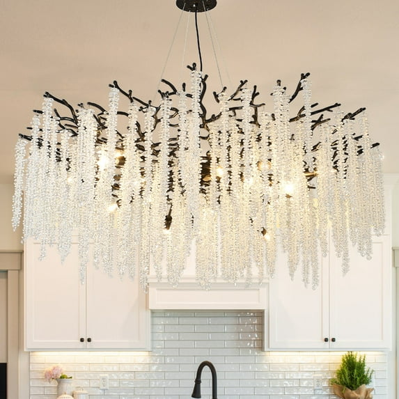 Black Crystal Branch Chandelier, Adjustable Height Pendant Light with K9 Crystals for Foyer, Dining Room, Entryway