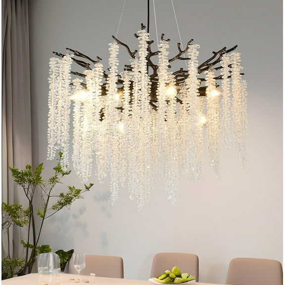 Black Crystal Branch Chandelier, Adjustable Height Pendant Light with K9 Crystals for Foyer, Dining Room, Entryway