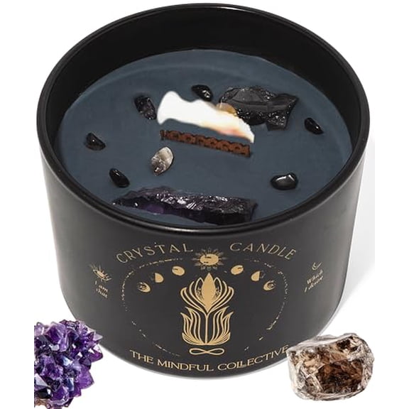 Black Crystal Candle for Women - 12oz Wood Wick Candle that Crackles with Natural Soy Wax. Luxurious Slow Burn, for Meditation. Includes Amethyst & Smokey Quartz Crystals