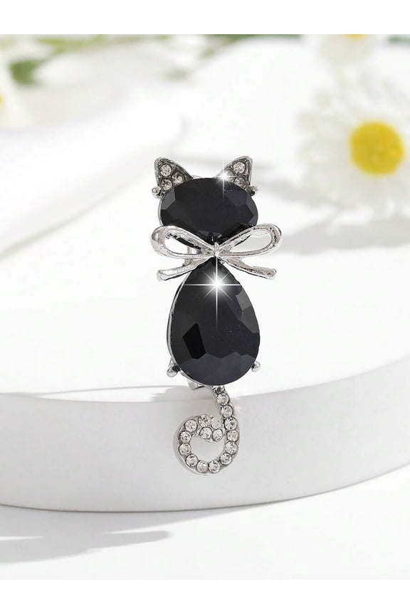 Black Crystal Cat Brooch Pin With Silvertone Setting For Womens Fashion Accessory