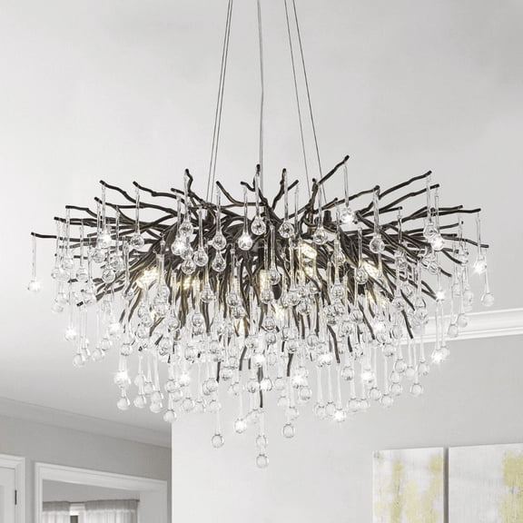 SJIGUANGZ Black Crystal Chandelier 23.6in Modern Chandeliers for Dining Room Round Tree Branch Chandelier Hanging Pendant Light Fixture Vintage Farmhouse Chandelier for Foyer Living Room